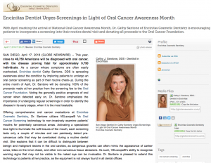 Dr. Cathy Santone, an Encinitas dentist, raises awareness for Oral Cancer Awareness Month by urging patients to undergo screenings this April. 